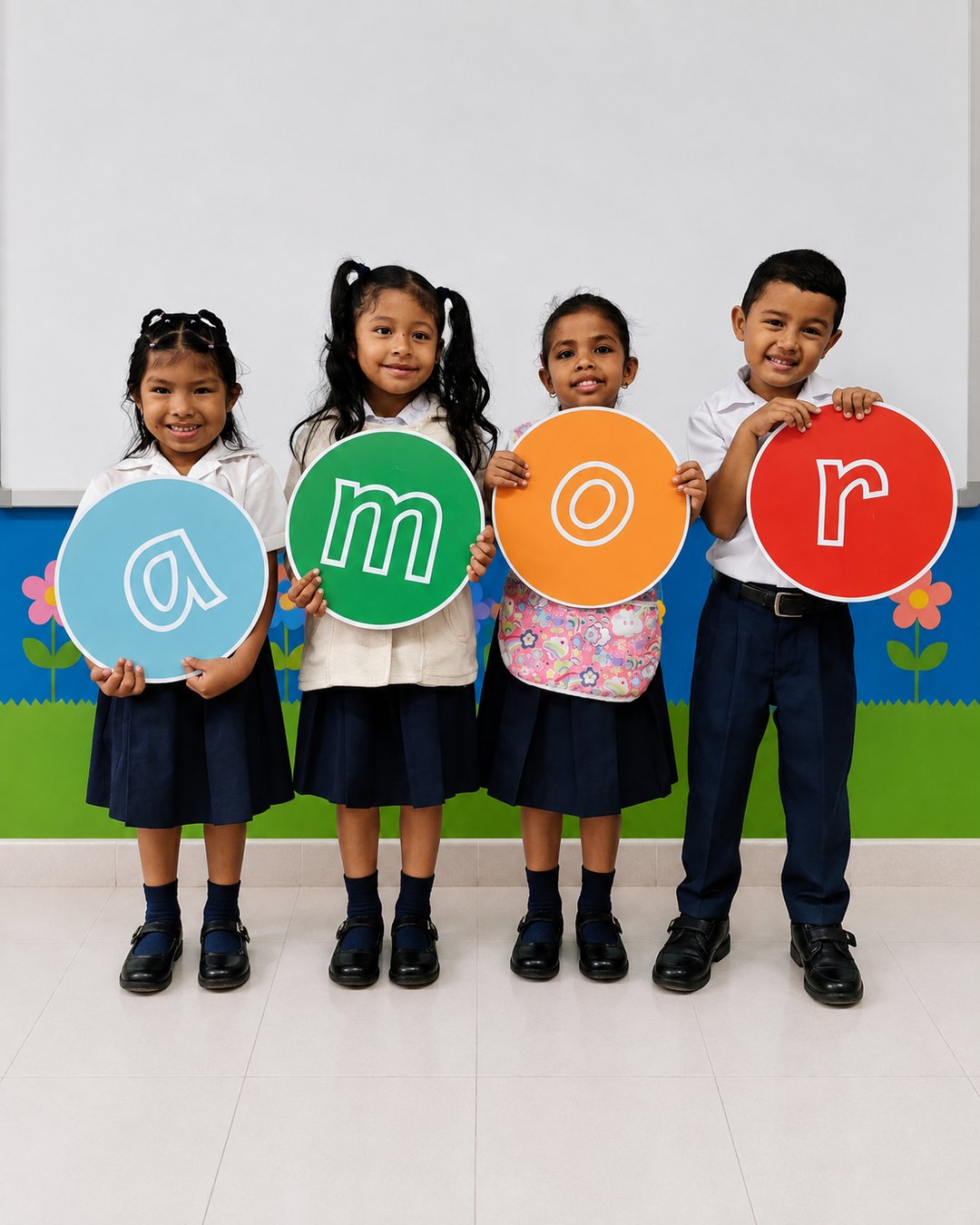 Cuatro ni&ntilde;os sostienen las fichas a, m, o, r y componen la palabra AMOR.