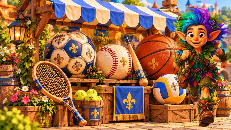 Escena de Britania: un puesto de deportes con balones, raqueta y bate