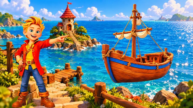 Escena de Britania: Reo en un muelle junto a un barco