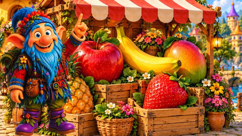 Escena de Britania: un puesto de frutas con manzanas, plátanos, fresas y mangos