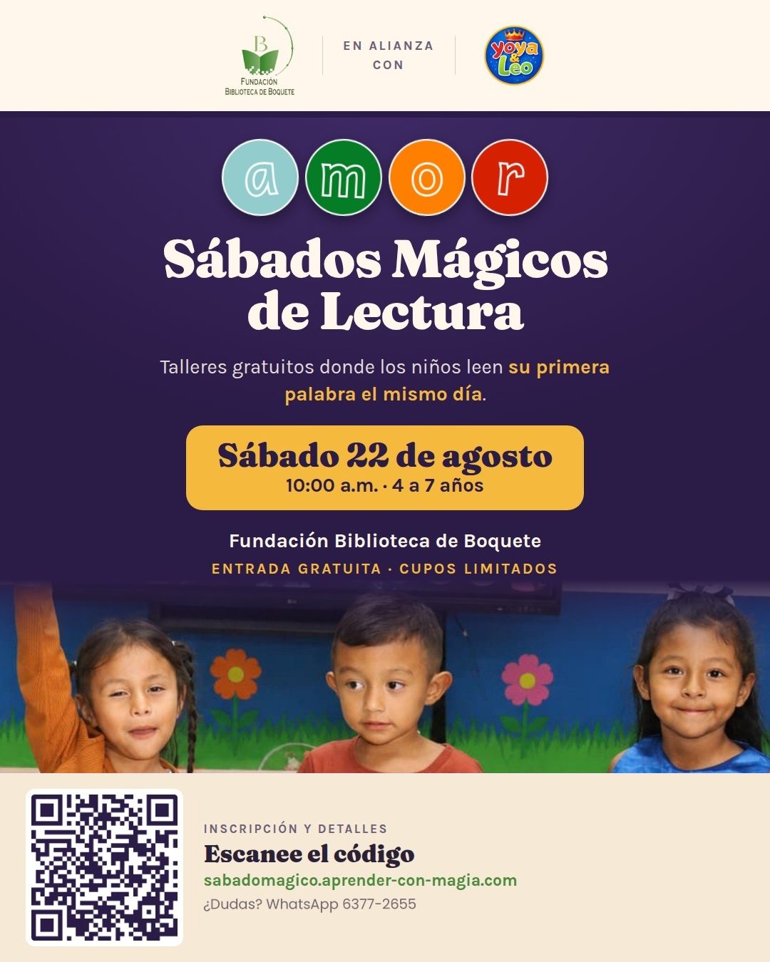 Afiche: Sábados Mágicos de Lectura, sábado 22 de agosto a las 10:00 a.m. en la Fundación Biblioteca de Boquete. Entrada gratuita, cupos limitados.