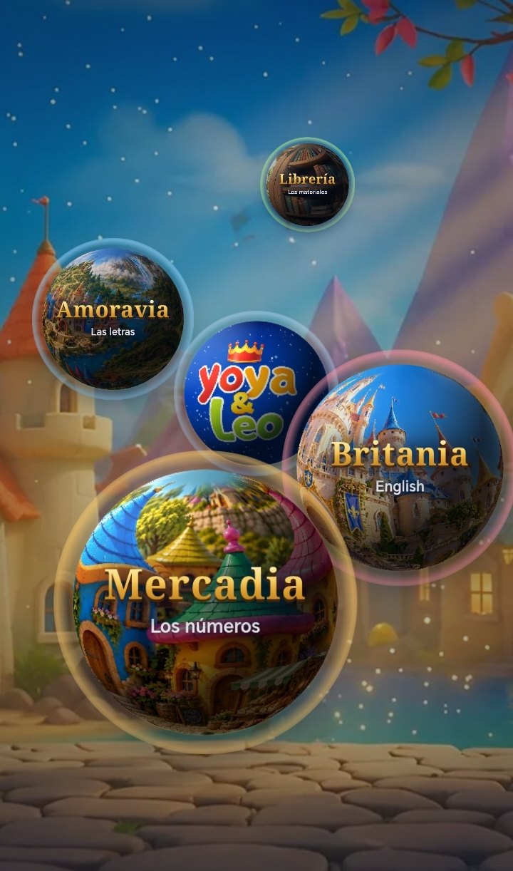 La entrada de la plataforma Yoya & Leo: tres esferas con los mundos Amoravia, Mercadia y Britania, y una esfera pequeña con la Librería
