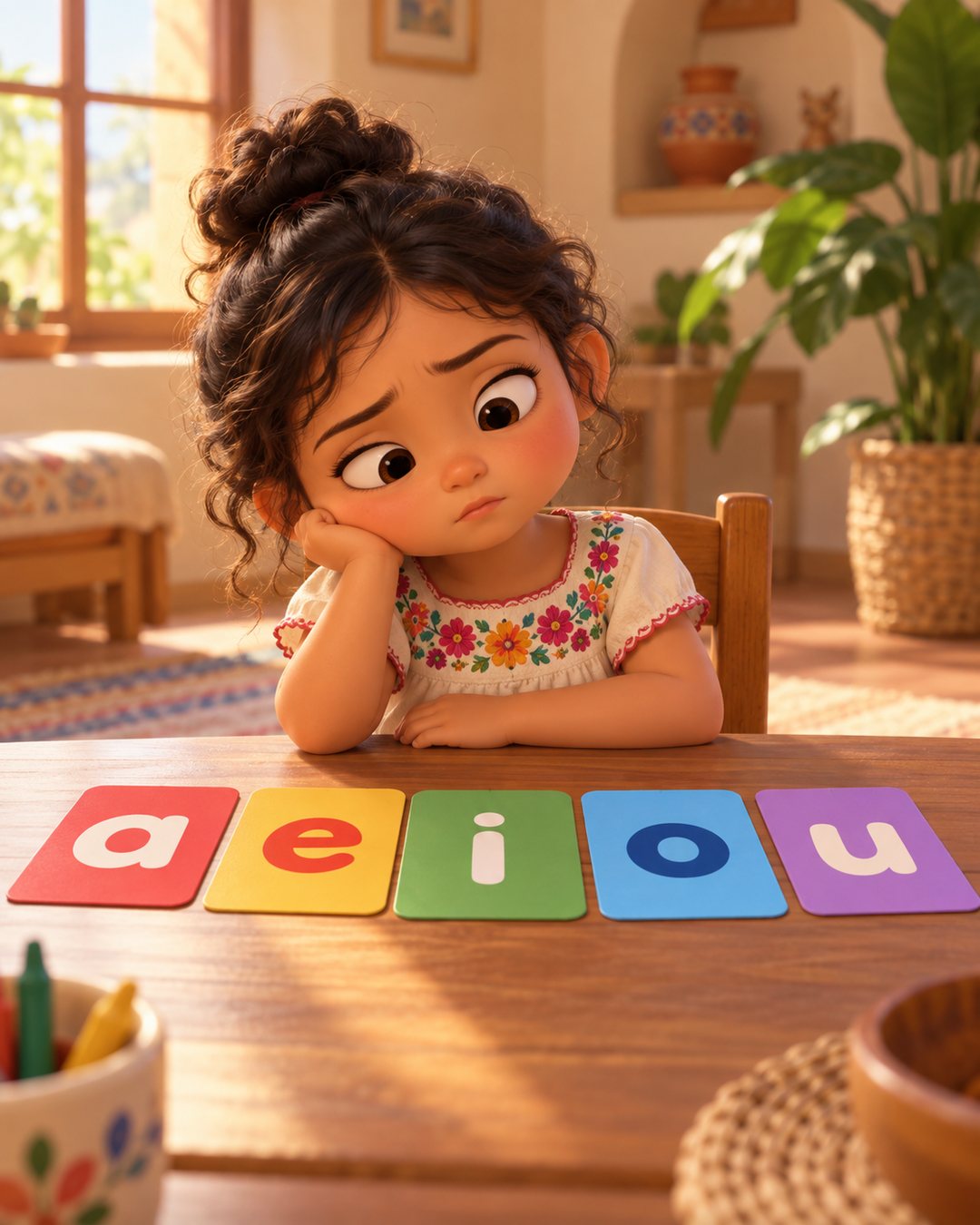Ilustración: una niña pequeña apoya la cara en la mano y mira, sin saber qué hacer, cinco tarjetas con las vocales a, e, i, o, u