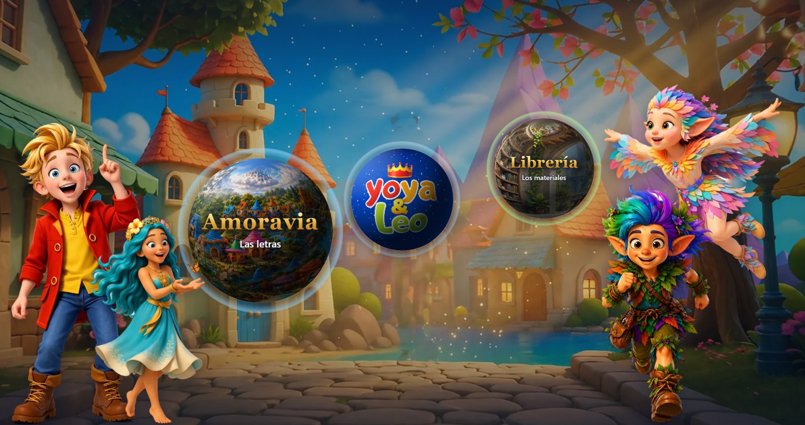 La entrada a la plataforma: las esferas de Amoravia y la Librería junto al logo de Yoya y Leo